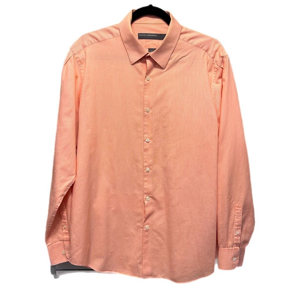 Perry Ellis 16 1/2 34/35 Peach and White Stripes 100% Cotton Button Down Shirt